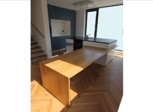 Keukeneiland en wandmeubel met Eikenhoutenblad,Hi-macs wasbakmeubel en Silestone blad